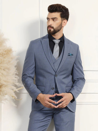 Three Piece Blue Solid Formal Suit
