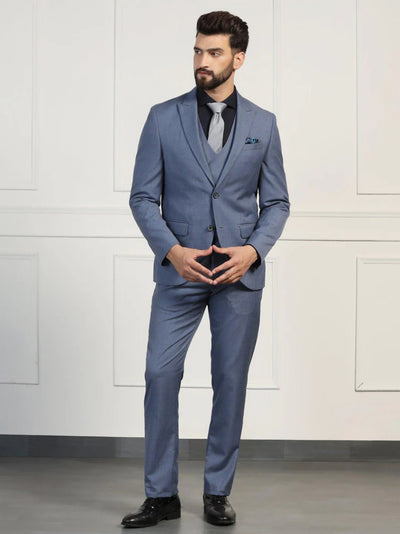 Three Piece Blue Solid Formal Suit