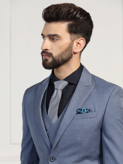 Three Piece Blue Solid Formal Suit