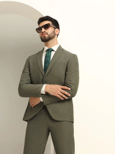 Two Piece Olive Green Solid Formal Suit