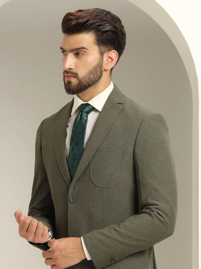 Two Piece Olive Green Solid Formal Suit