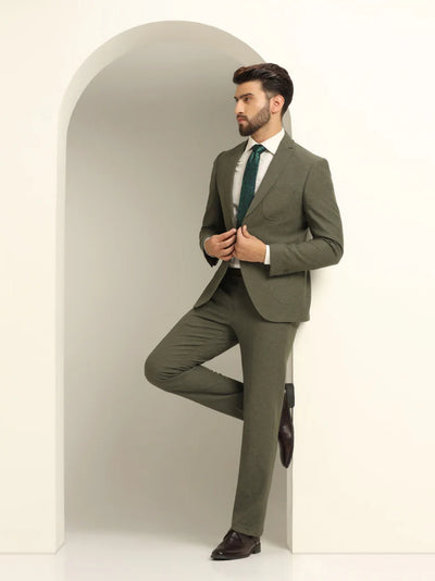 Two Piece Olive Green Solid Formal Suit